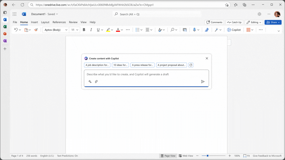 Rappresentazione grafica di Copilot utilizzabile in tutte le app Office di Microsoft per la creazione di documenti, presentazioni e analisi dati.